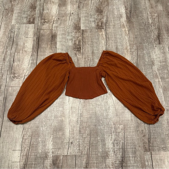 Urban Outfitters Claudia Blouse Crop Top Balloon Sleeve Brown Women's Size Small - Picture 3 of 7